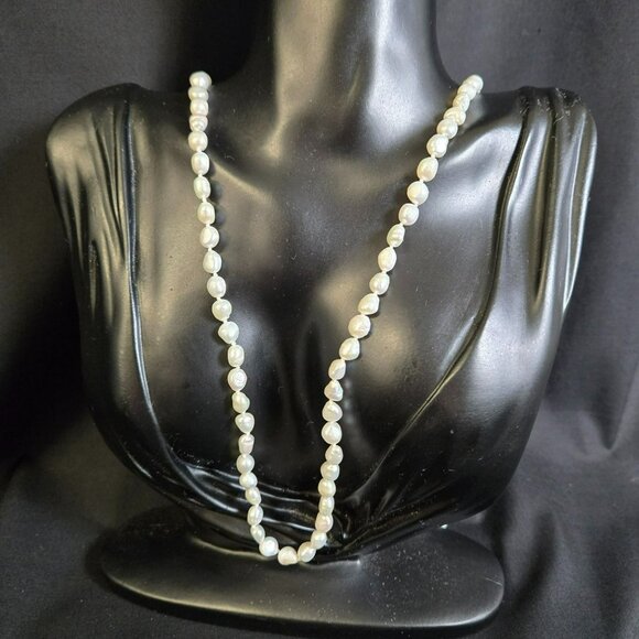 White Baroque Freshwater Pearl Necklace 34” Hand Knotted Iridescent Long Strand - Picture 1 of 7